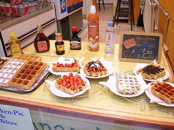 Fresh Liege waffles, Belgium's other great street food, are usually eaten as a warm afternoon snack. [Contributed by Rick Steves]