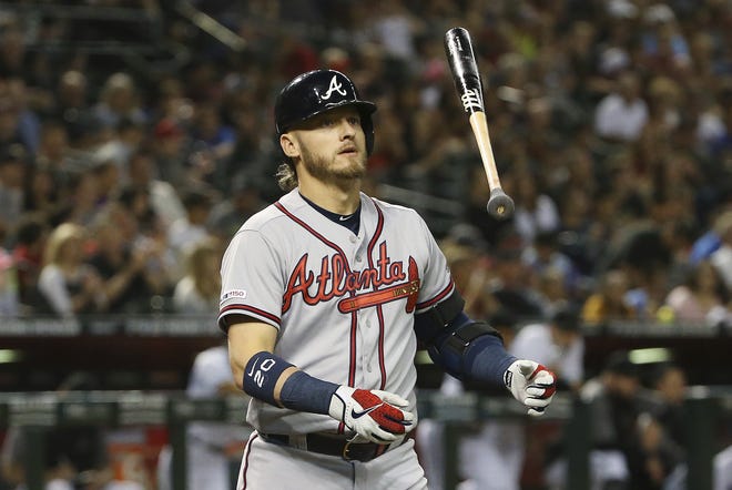 Atlanta Braves' Josh Donaldson flips his bat after striking out against the Arizona Diamondbacks during the fourth inning of a baseball game Friday, May 10 in Phoenix. (AP Photo/Ross D. Franklin)