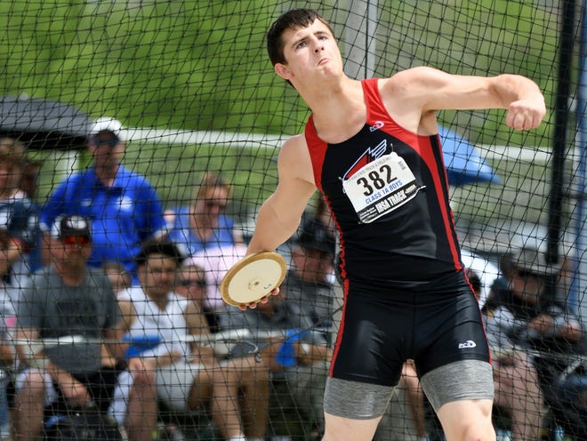 Forreston/Polo's Jace Coffey throws the discus in the IHSA State Class 1A finals Saturday, May 25, 2019, in Charleston. He placed second. [CHET PIOTROWSKI JR./RRSTAR.COM CORRESPONDENT]