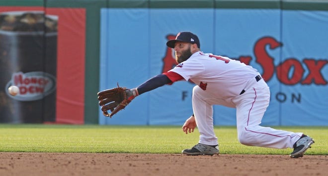 Dustin Pedroia, catching a line drive during a rehab game in Pawtucket earlier this month, has been shut down for the weekend due to recurring soreness in his left knee.