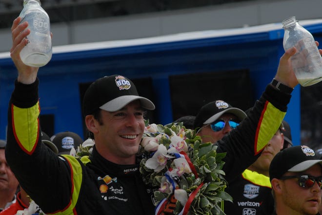 Simon Pagenaud of Team Penske shown celebrates in Victory Circle after winning The Indianapolis 500 Sunday. This was Pagenaud’s first victory at Indy and Team Penske’s 18th.