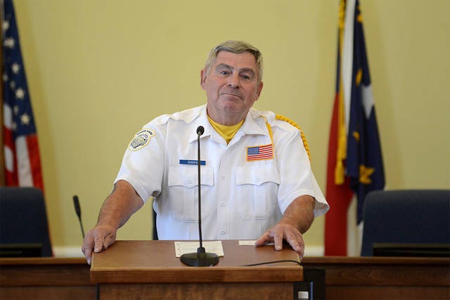 GUEST SPEAKER — Howard F. Sides with the Randolph County Honor Guard speaks about his experiences in the U.S. Navy during the Randolph County Memorial Day Service at the 1909 Historic Courthouse. (Scott Pelkey / The Courier-Tribune)