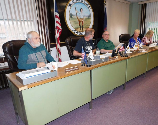 From left are Ilion Village Trustee Ron Schoonmaker, Deputy Mayor Charles Lester, Mayor Brian Lamica and Trustees Joanne Moore and Bridget McKinley during the Ilion village board’s May 22 meeting. [DONNA THOMPSON/TIMES TELEGRAM]