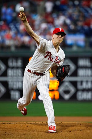 Philadelphia Phillies starting pitcher Nick Pivetta throws during the first inning of a baseball game against the St. Louis Cardinals, Tuesday, May 28, 2019, in Philadelphia. (AP Photo/Matt Rourke)