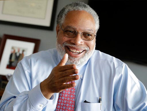 FILE - In this Sept. 21, 2017, file photo, Lonnie Bunch, director of the Smithsonian National Museum of African American History and Culture, talks about the museum's first year and his vision for the future of the exhibits, in Washington. Bunch was named May 28, 2019, as the 14th Smithsonian Secretary by the Smithsonian's board of regents. (AP Photo/J. Scott Applewhite)
