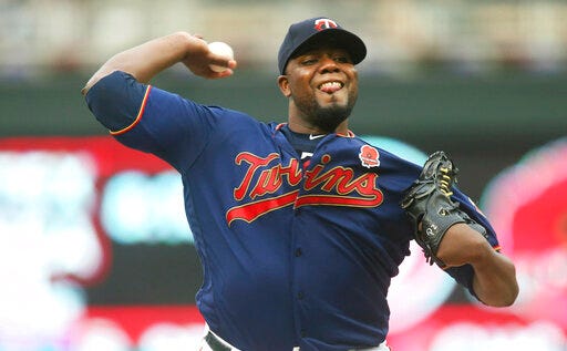 Minnesota Twins pitcher Michael Pineda throws against the Milwaukee Brewers in the first inning of a baseball game Monday, May 27, 2019, in Minneapolis. (AP Photo/Jim Mone)
