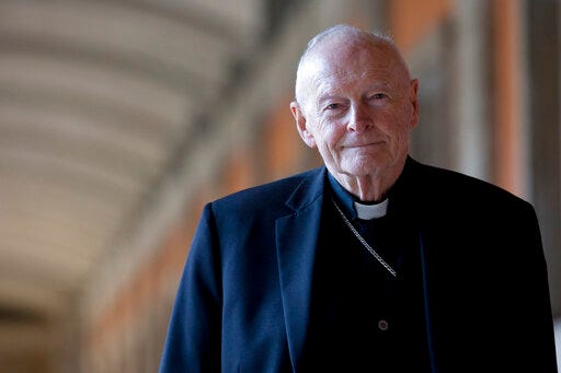 FILE - In this Feb. 13, 2013 file photo, Cardinal Theodore Edgar McCarrick poses during an interview with the Associated Press, in Rome. Email correspondence shows disgraced ex-Cardinal Theodore McCarrick was placed under Vatican travel restrictions in 2008 for sleeping with seminarians, but regularly flouted those rules with the apparent knowledge of Vatican officials under Pope Benedict XVI and Pope Francis. Francis defrocked McCarrick in February after a church investigation confirmed that McCarrick sexually abused minors and adults. (AP Photo/Andrew Medichini, File)