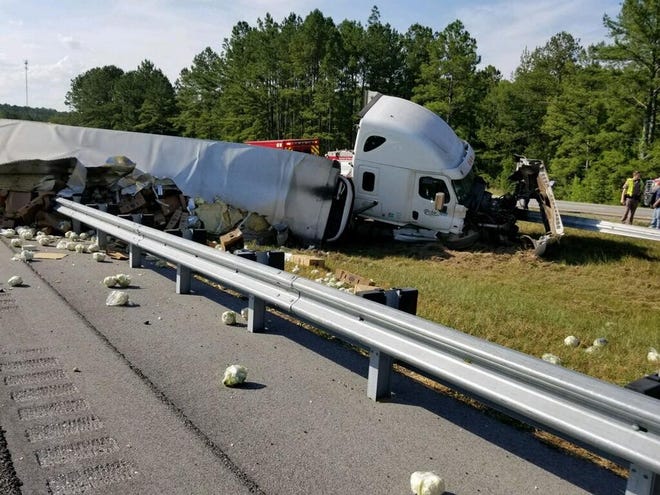A semi truck overturned on U.S. Interstate 10 Monday afternoon after one of its tires experienced a blowout near mile marker 78. [WCSO/CONTRIBUTED PHOTO]