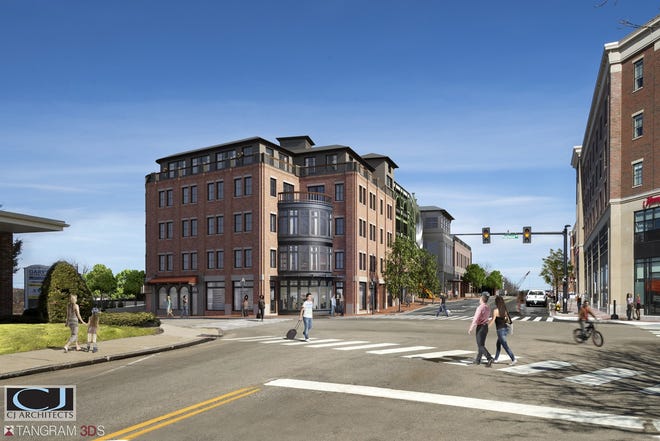HarborCorp’s previously proposed North End Portsmouth project is seen from a perspective of Deer Street looking across Maplewood Avenue. The project will not move forward. [Courtesy image]