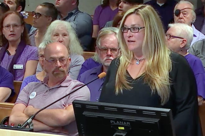 In this image from video, psychologist Rachel Needle speaks to the Alachua County Commission on Tuesday afternoon. [Alachua County]