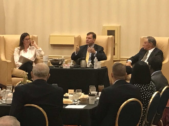 Republican leaders Tom Kean Jr., center, and Jon Bramnick participated in a Chamber of Commerce of Southern New Jersey forum Wednesday at Hotel ML in Mount Laurel. Christina Renna, the chamber's senior vice president, moderated the discussion. [DAVID LEVINSKY/STAFF]