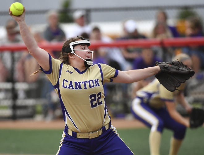 Canton pitcher Ellyn Petty delivers during the Class 3A Notre Dame Sectional semifinal game against Geneseo at the Louisville Slugger Complex on Wednesday, May 29, 2019. [RON JOHNSON/JOURNAL STAR]