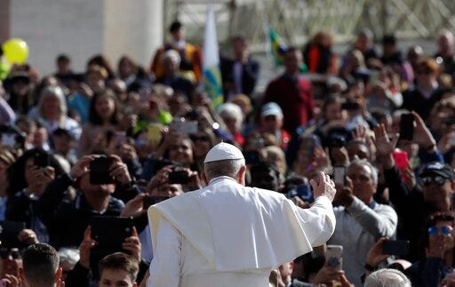 Pope Francis arrives for his weekly general audience, in St. Peter's Square at the Vatican, Wednesday, May 29, 2019. (AP Photo/Alessandra Tarantino)
