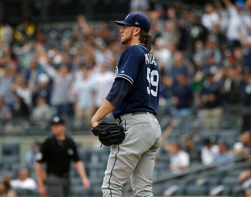 San Diego Padres starting pitcher Chris Paddack looks after a home run hit by New York Yankees' Luke Voit during the first inning of a baseball game at Yankee Stadium, Wednesday, May 29, 2019, in New York. (AP Photo/Seth Wenig)