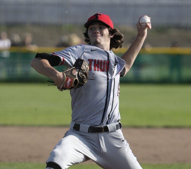 Thurston senior Decker Stedman struck out 17 batters in 7 2/3 innings, but the Colts lost 1-0 in eight innings to Central in Tuesday's Class 5A state semifinal game. [Zack Palmer/For the Register-Guard]