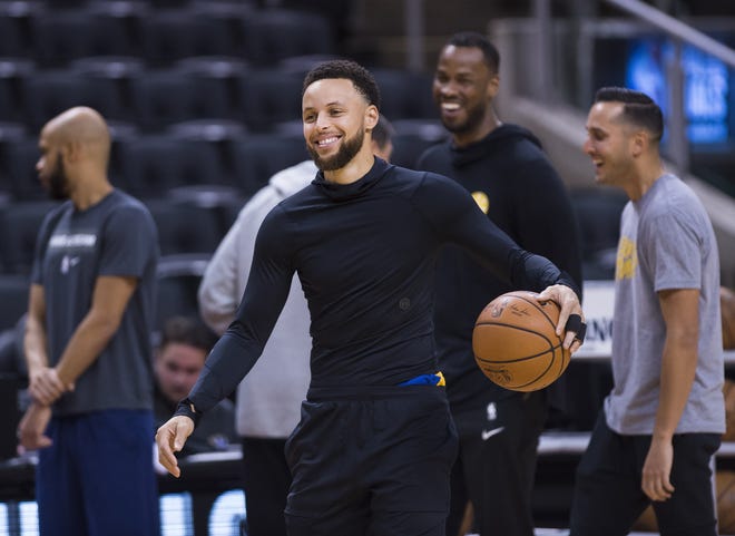 Golden State's Stephen Curry at practice Wednesday for the NBA Finals. Game 1 of the NBA Finals is Thursday in Toronto. [Nathan Denette/The Canadian Press via AP]
