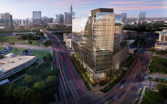 Law firm Baker Botts is the first tenant to sign a lease at RiverSouth, a 15-story office tower being built on a triangular tract at West Riverside Drive, South First Street and Barton Springs Road. [CONTRIBUTED]