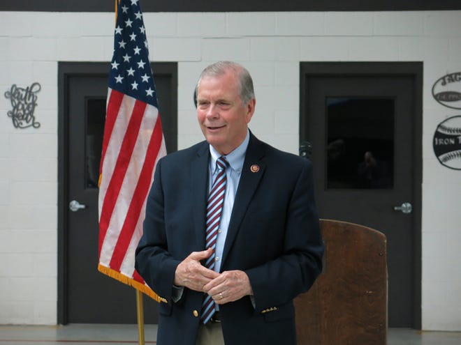 U.S. Rep. Tim Walberg, R-Tipton, speaks to attendees at a Coffee Hour Friday in the Southern Michigan Center for Science and Industry in Hudson.