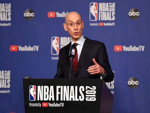NBA Commissioner Adam Silver holds a news conference before Game 1 of basketball’s NBA Finals between the Golden State Warriors and the Toronto Raptors, Thursday, May 30, 2019, in Toronto. (Frank Gunn/The Canadian Press via AP)