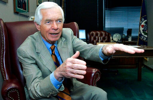 FILE - In this Aug. 24, 2005, file photo, U.S. Sen. Thad Cochran, R-Miss., speaks to a reporter in Jackson, Miss. Seven-term Republican Sen. Thad Cochran, who used seniority to steer billions of dollars to his home state of Mississippi, died Thursday, May 30, 2019. He was 81. 
(AP Photo/Rogelio Solis, File)