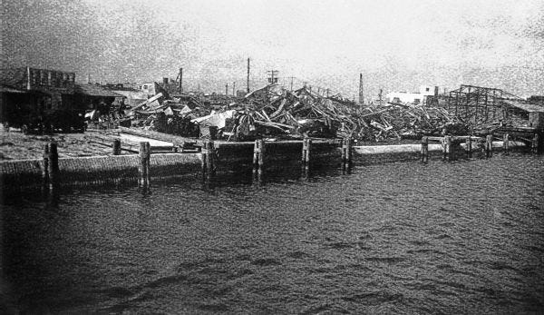 Buildings destroyed along waterfront during the 1926 hurricane. (State Archives of Florida)