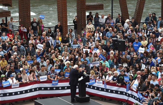 Democratic presidential candidate Sen. Bernie Sanders speaks during a campaign rally at City Plaza in downtown Reno, Nev., Wednesday, May 29, 2019. (Jason Bean/The Reno Gazette-Journal via AP)