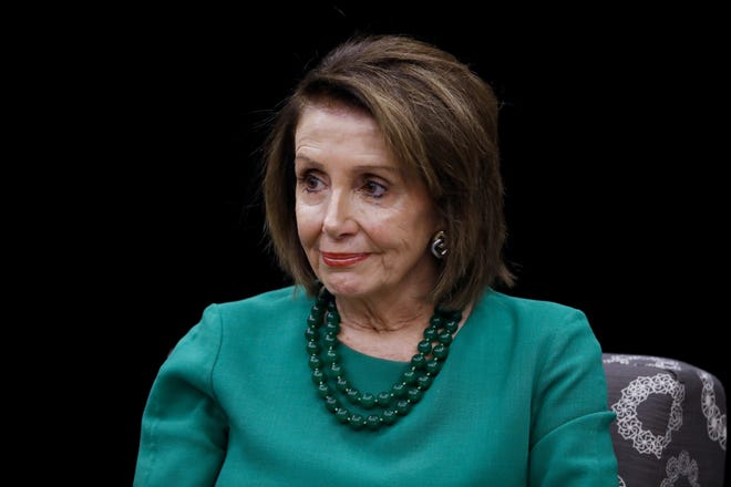 In this May 24, 2019, file photo, speaker of the House Nancy Pelosi, D-Calif., pauses during a panel discussion at Delaware County Community College in Media, Pa. Facebook has chosen to leave up a doctored video of Pelosi in which she appeared to slur her words. [AP Photo/Matt Slocum, File]