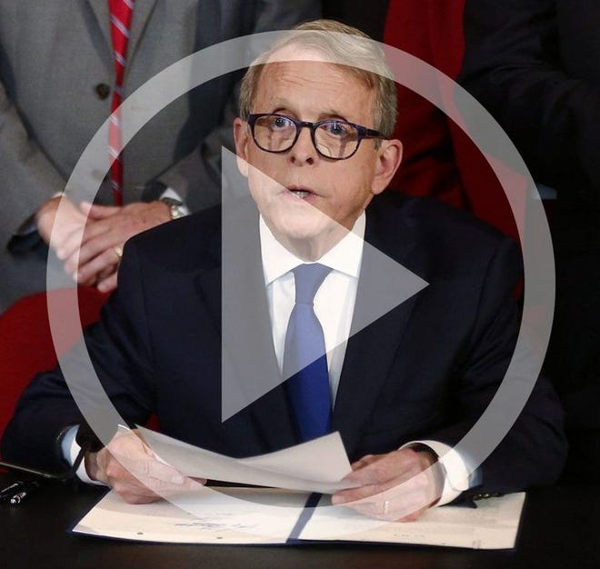 In this file photo Ohio Gov. Mike DeWine speaks before signing Ohio's "Heartbeat Bill" into law Thursday, April 11, 2019,