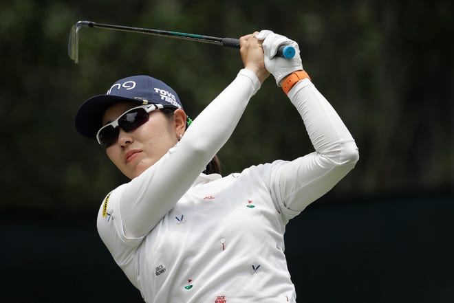 Mamiko Higa of Japan, watches her ball off the 13th tee during the second round of the U.S. Women's Open golf tournament, Friday, May 31, 2019, in Charleston, S.C. (AP Photo/Steve Helber)