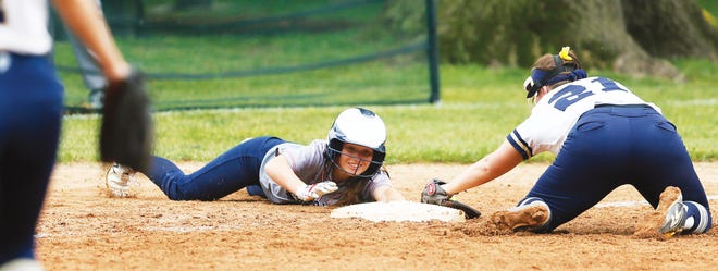 Photo by Jake West/New Jersey Herald — Lenape Valley’s Jess Burlew slides into third base during the team’s North 1, Group 2 championship game against Ramsey on Thursday afternoon at Wesley D Tisdale Elementary School in Ramsey. The Patriots dropped their second straight sectional title game, 1-0, to the Rams.