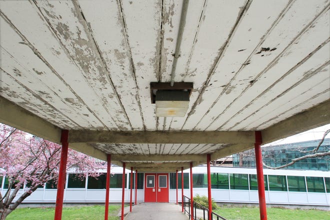 The original 1957 wooden ceiling covering a walkway between wings of Rogers High School in Newport, which is showing its age in many ways. [The Providence Journal file / Steve Szydlowski]