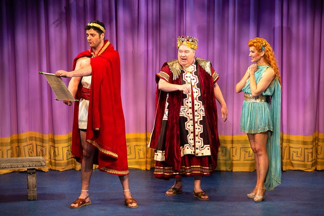 Left to right are Peter Saide as Philocalus, Blake Hammond as King Croesus, and Aimee Doherty as Delphinia in the world premiere of "Love and Other Fables," now playing at Theatre By The Sea. [PHOTO BY STEVEN RICHARD PHOTOGRAPHY]