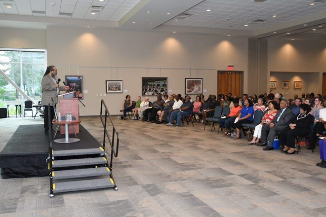Historian Hari Jones speaks to an audience of 300 at the Jones Student Center at Fayetteville State University in June of 2018. He spoke about African-Americans' contributions before and during the Civil War. He died in July. [Dennis McNair/Fayetteville State University]