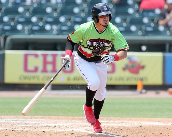 Round Rock's Josh Rojas, heading to first on a base hit against Iowa on Sunday, had three multihomer games in one week at Corpus Christi. He's one of several players bolstering the Express, who had to fill gaps caused by injuries for the Astros. [Jamie Harms/for STATESMAN]