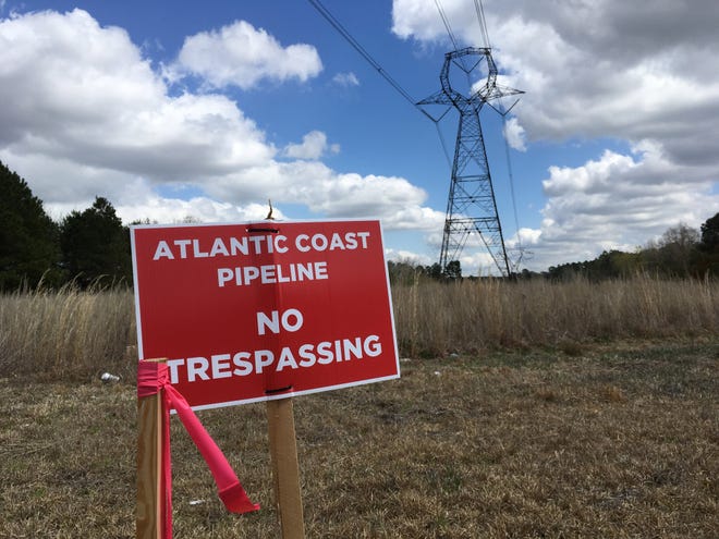 A 'No Trespassing' sign marks an area where the Atlantic Coast Pipeline is expected to run near Yarborough Road in the Gray's Creek area. [Steve DeVane/The Fayetteville Observer]