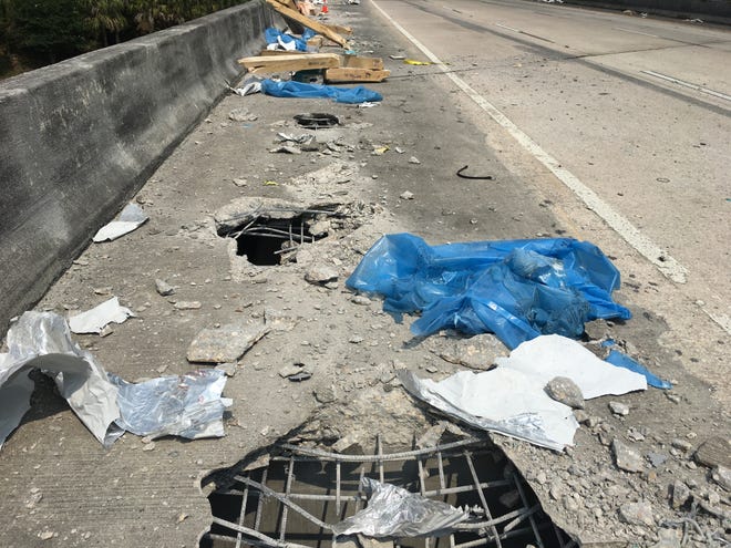 Damage to Insterstate 10 on Monday shut down part of the overpass, as well as northbound and southbound lanes of I-75 in Columbia County. [Photo courtesy of FDOT]