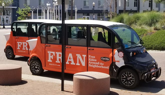 Lane Transit District hopes to offer a service — currently slated for an August launch — using vehicles similar to these Anaheim, Calif., electric vehicles shown in this undated handout photo. [Anaheim Resort Transportation]