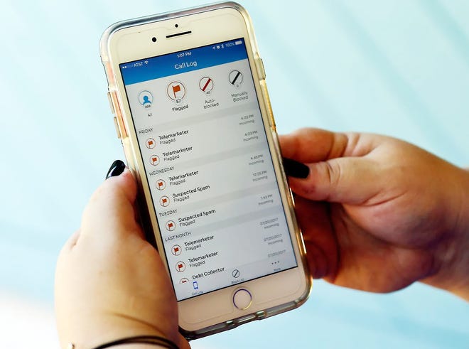 This Aug. 1, 2017, file photo shows a call log displayed via an AT&T app on a cellphone in Orlando, Fla. New tools are coming to help fight robocall scams, but don’t expect unwanted calls to disappear. [JOHN RAOUX/ASSOCIATED PRESS]