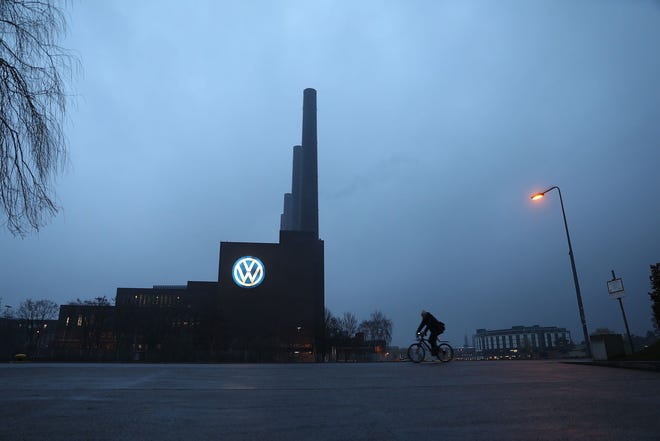 The Volkswagen logo at the company's factory in Wolfsburg, Germany, on March 1, 2019. MUST CREDIT: Bloomberg photo by Krisztian Bocsi.