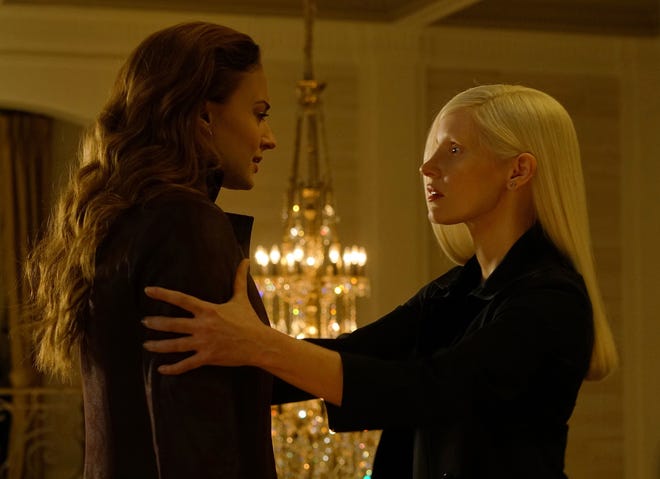 Sophie Turner, left, with Jessica Chastain in “X-Men: Dark Phoenix.” [Twentieth Century Fox]