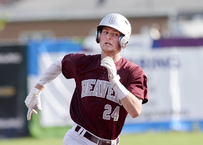 Beaver's Brady Hansen heads to third on his second triple of the PIAA Class 4A quarterfinal game against New Castle Thursday afternoon at Pullman Park in Butler. [Sally Maxson/For BCT]
