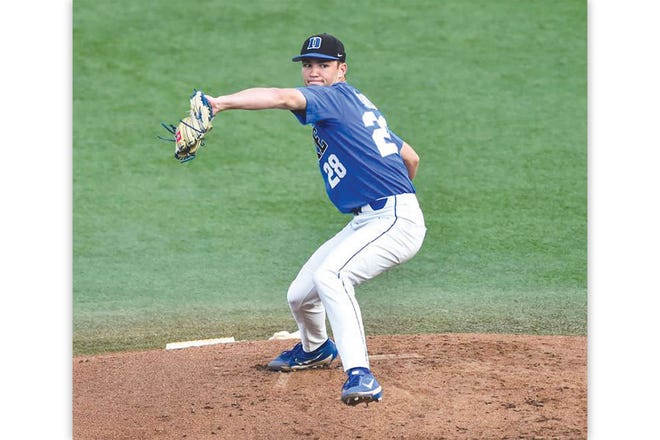 PLAYING AT HOME — Duke’s Bryce Jarvis, pictured in the Morgantown Regional, will be playing close to his Franklin, Tenn. home in the Super Regionals at Vanderbilt.