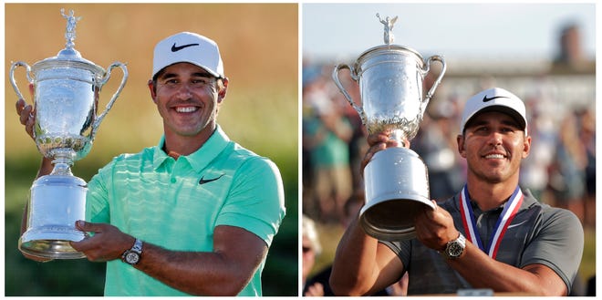 FILE - In this combination of file photos, Brooks Koepka poses with the trophy after winning the U.S. Open golf tournament, left, on June 18, 2017, in Erin, Wis.; and right, on June 17, 2018, in Southampton, N.Y. Koepka has a chance to become only the second player, and first in more than a century of golf, to win three straight U.S. Open titles. (AP Photo/Chris Carlson, left, Julio Cortez, right, File)