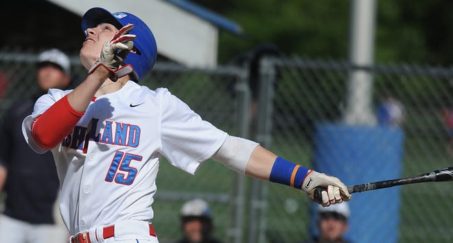 Ashland's Jackson Hornung watches a foul ball go out of play in a game last season. Hornung recorded his 100th career hit for the Clockers in their 3-1 over Scituate on Thursday. [Daily News and Wicked Local File Photo/Art Illman]