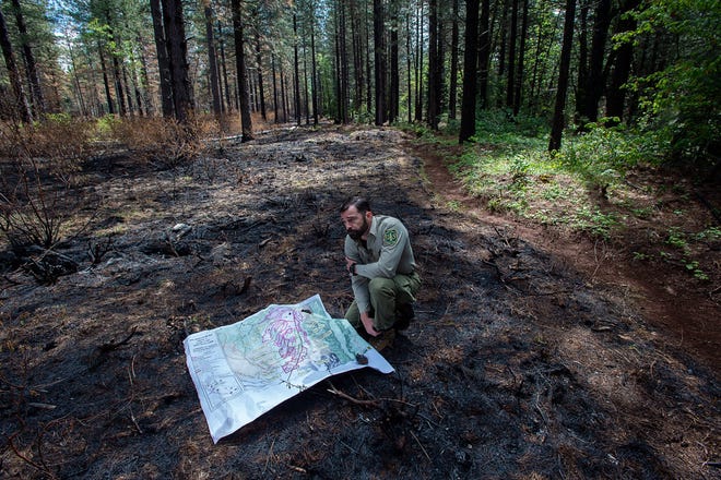 Brian Crawford of the U.S. Forest Service shows map of a 427-acre prescribed burn in the Foresthill area to help fire suppression on Friday, May 24, 2019 in the Tahoe National Forest.(Paul Kitagaki Jr./Sacramento Bee/TNS)