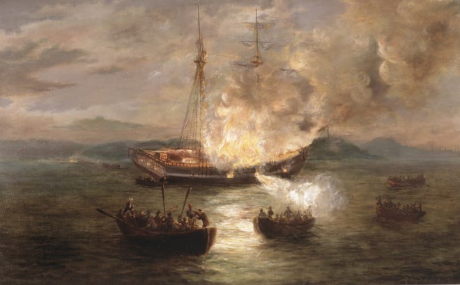 The 1892 painting of the "Burning of the Gaspee" by Charles De Wolf Brownell. [COURTESY OF THE RHODE ISLAND HISTORICAL SOCIETY]