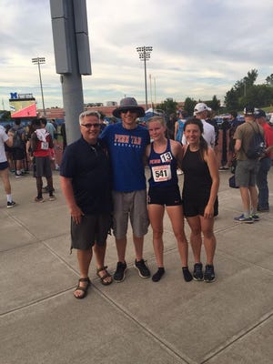 Coach Smith, Coach Soppe, Joddie Decker, and Coach Van Etten as Decker competed in the New York State Track and Field Championships June 7. Decker would finish 12th in Division 2, 27th overall.