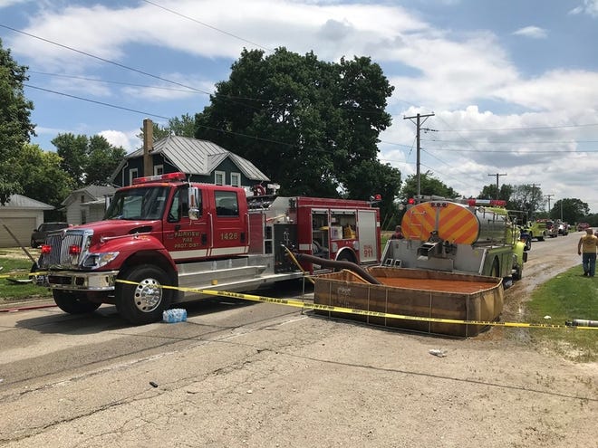 Emergency vehicles can be seen near the site of a house explosion near the Fulton-Knox county line in Rapatee. [Photo courtesy Fulton County ESDA]