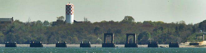 The former Long Island Bridge support columns in Quincy Bay, on Wednesday, May 9, 2018, Greg Derr/ The Patriot Ledger
