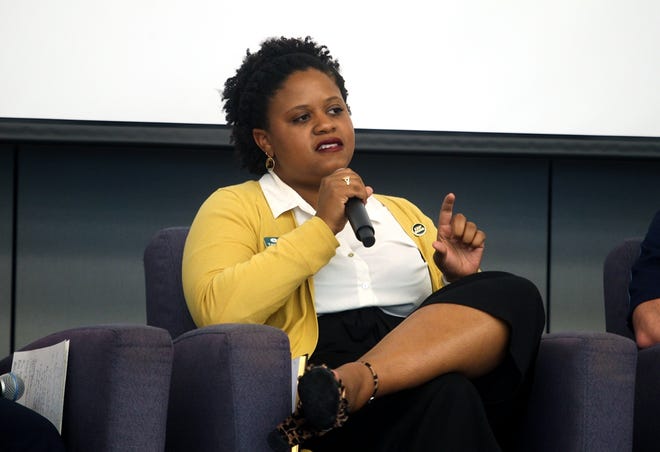 School teacher Tiffanie Harrison discusses the Beyond Diversity workshop during a panel at the World Class Summit on June 5. The event, attended by about 500 school district staff, covered race and equity. [Photo by Mike Parker]
